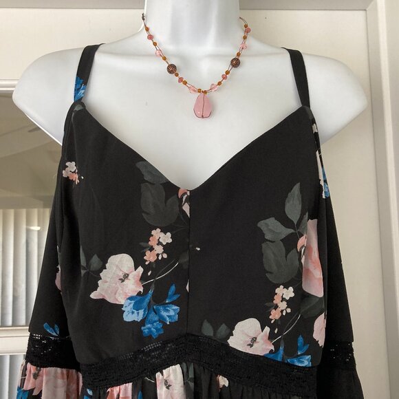 Torrid Black Pink Floral Slip Strap Ruffled Hem Maxi Dress  3 - Picture 8 of 16